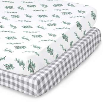 The Peanutshell Fitted Playard Sheets - Farmhouse Floral and Gray Plaid - 2pk
