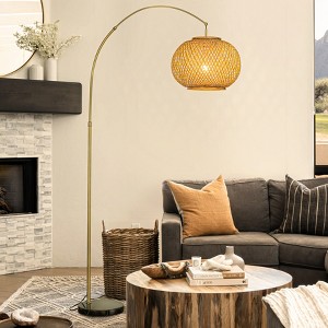 ALOADECOR 75" 1-Light Arc Floor Lamp with Hand-woven Bamboo Shade and Black Marble Base - 1 of 4