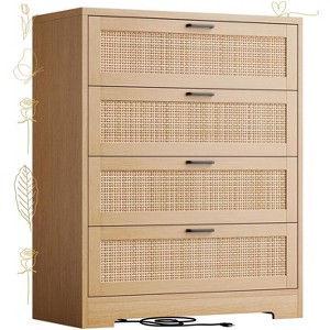 Jojoka 4 Drawer Chest of Drawers with Rattan Panels and Wood Top, Slim Storage Dresser for Bedroom and Entryway - 1 of 4