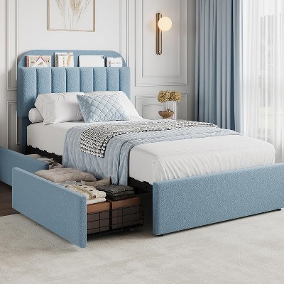 Platform Bed Frame, Faux Fur Upholstered Bed Frame with Storage Headboard, 2 Rolling Drawers