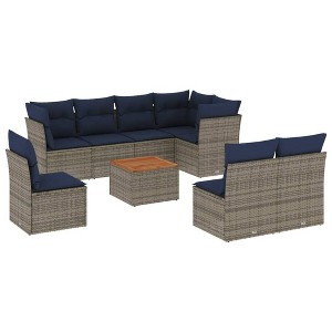 vidaXL 9 Piece Patio Sofa Set with Cushions Gray Poly Rattan - Gray - 1 of 4