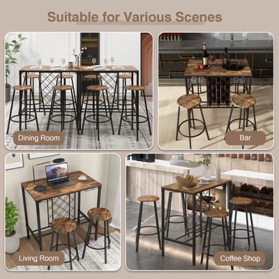 Rustic Brown and Black Industrial Pub Table Set with Wine Rack and Glass Holder
