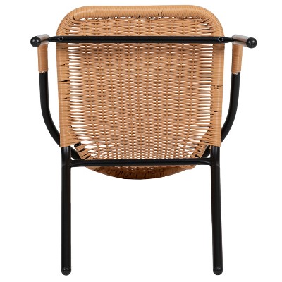 Beige Rattan and Black Steel Patio Dining Chairs, Set of 2