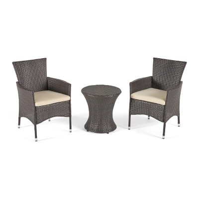 GDFStudio Jocelyn Outdoor Wicker 3 Piece Chat Set with Cushion, Multibrown/Beige
