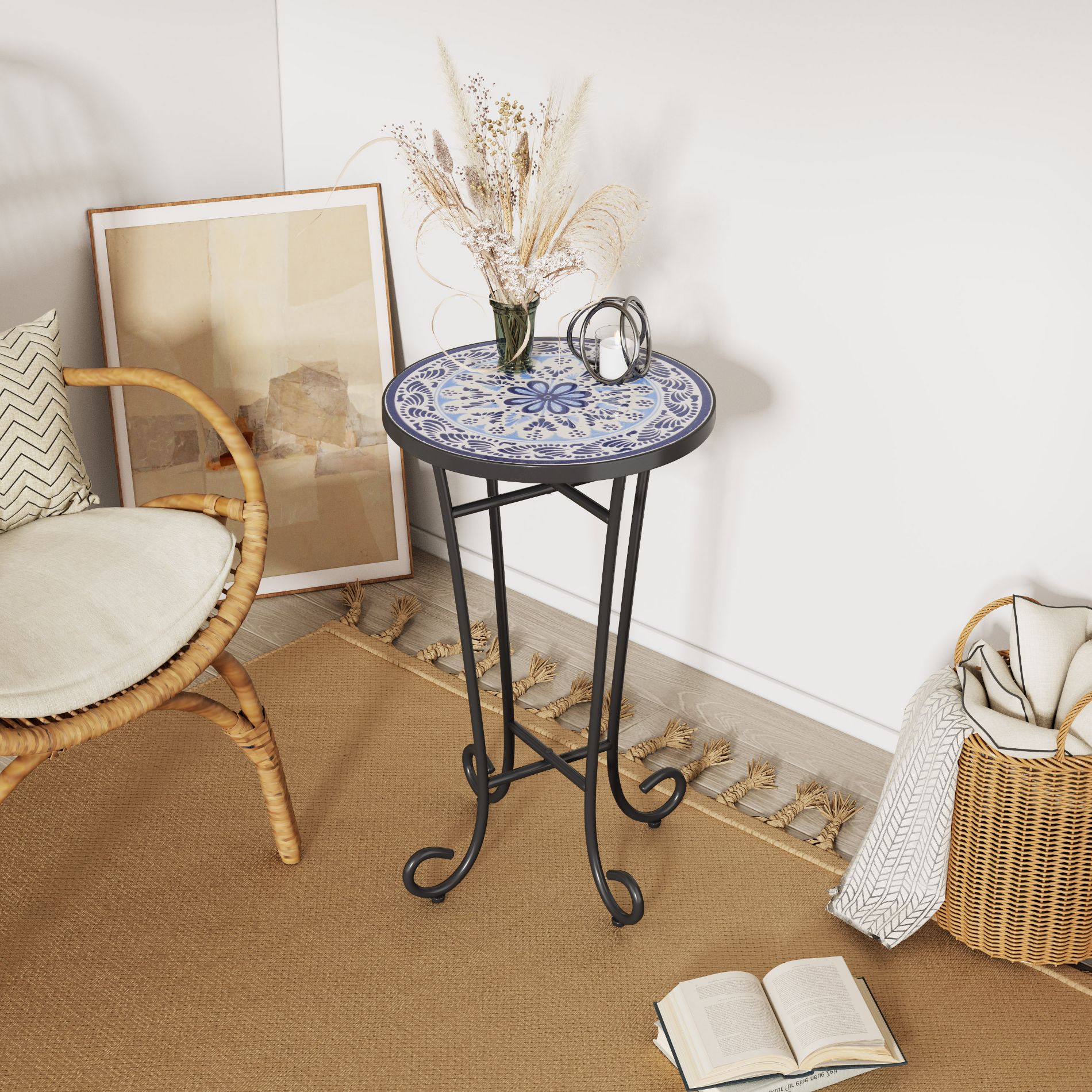 ModernLuxe Ceramic Tile Patio Side Table, Round Outdoor Accent End Table with Iron Frame for Patio, Balcony, Garden & Indoor Spaces, Blue Flower