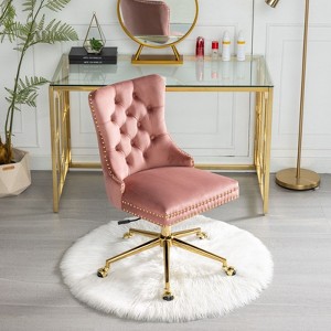 CAVINAS Velvet Upholstered Tufted Button Office Chair, Adjustable Swivel Desk Chair with Golden Metal Base and Universal Wheels - 1 of 4
