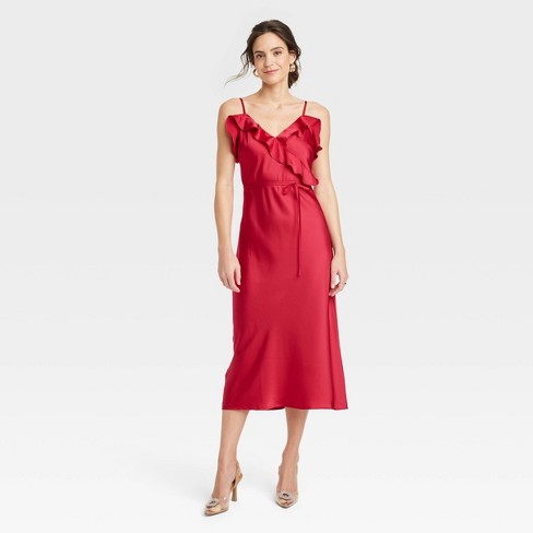 Women's Ruffle Midi Slip Dress - A New Day™ Red XL