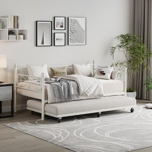 Coolmee Daybed with Trundle Bed, Twin Size Metal Day Bed with Floral Headboard, Modern Sofa Bed Frame, Heavy Duty Steel Slats Supports - 1 of 4