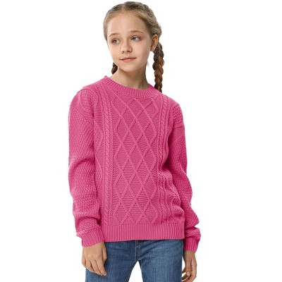 Girls' Cable Knit Sweater, Crew Neck Long - Sleeve Pullover for Kids, Casual Winter Fall Knitted Top