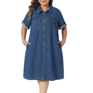 Women's Plus Size Jean Lapel Button Down Roll Short Sleeve Summer Casual Midi Denim Dresses with Pockets - Agnes Orinda - 1 of 4