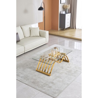 47" Modern Stainless Steel Coffee Table with Tempered Glass Shelves for Living Room and Home Office