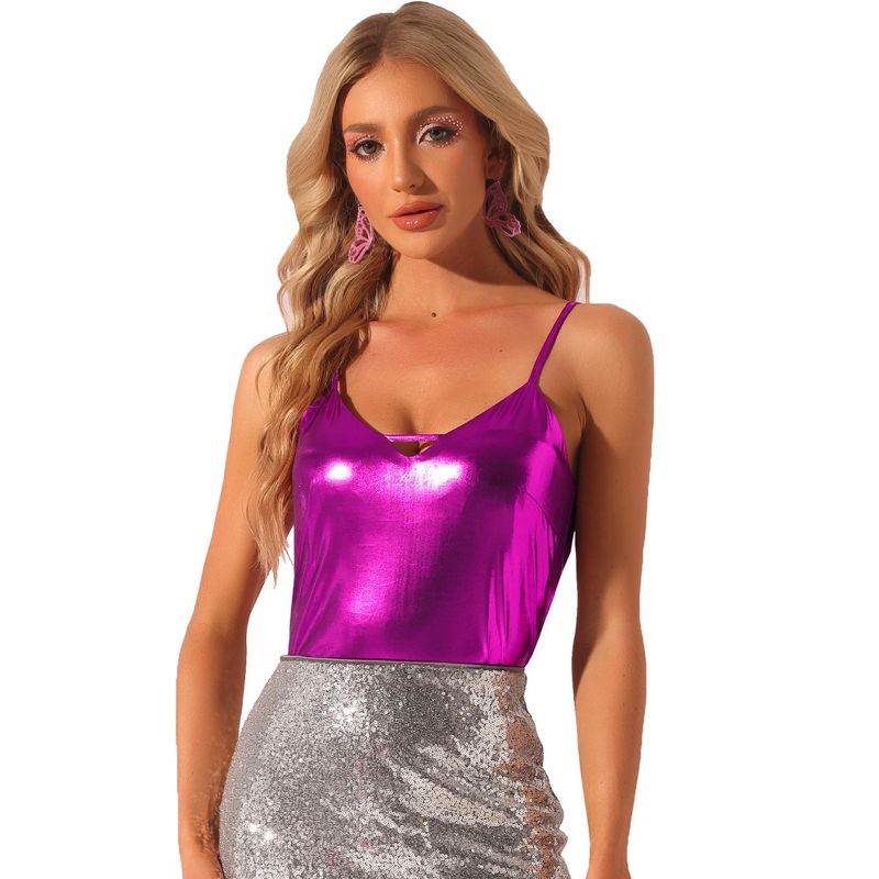 Allegra K Women's Metallic Shiny Party Deep-V Cut-Out Adjustable Straps Camisole Tank Top, 1 of 7
