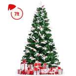 Tangkula Premium Unlit Christmas Tree, Snow Flocked Hinged Artificial Christmas Tree Pine Full Tree with Solid Metal Stand