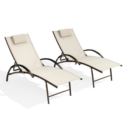 Pellebant 2 pcs Outdoor Aluminum Adjustable Reclining Chaise Lounge Chair with Arms & Headrest