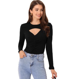 Allegra K Women's Long Sleeve Cut-Out Front Stretch Ruched Knit Top - 1 of 4