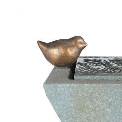Patina Gray Resin Pillar Fountain with Bronze Birds and LED Lights