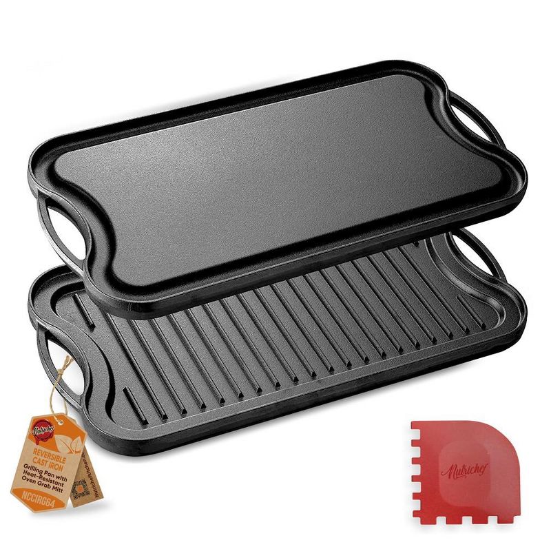 NutriChef Kitchen Flat Grill Plate Pan - Reversible Cast Iron Griddle, Classic Flat Grill Pan Design with Scraper, 1 of 4