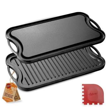 NutriChef Kitchen Flat Grill Plate Pan - Reversible Cast Iron Griddle, Classic Flat Grill Pan Design with Scraper