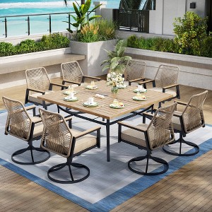 Captiva Designs 9pc Patio Dining Set with Spacious Slat-top Square Metal Table & Beige Rattan Chairs - 1 of 4