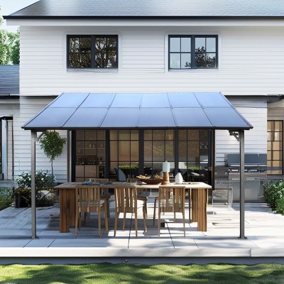 10x14 Feet Wall Mounted Lean To Metal Awning Gazebo,Heavy Duty Outdoor Gazebo,Gazebo With Roof For Patio,Decks,Backyard-Coolbibila