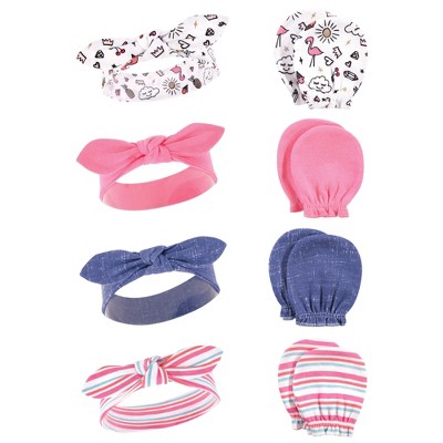 Hudson Baby Infant Girl Cotton Headband and Scratch Mitten Set, Doodle, 0-6 Months