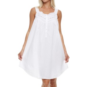 ADR Women's Cotton Nightgown, Sleeveless Lace Trimmed Button Up Short Vintage Night Dress Gown - 1 of 4
