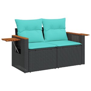vidaXL 2-Seater Outdoor Patio Sofa Loveseat with Cushions - Black Poly Rattan, 48.8"x24.4"x27.2", Blue Cushions Included - 1 of 4