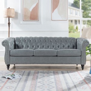 CAVINAS Chesterfield Sofa with Rolled Arm, Modern PU Leather 3 Seater Sofa Couch, Upholstered Vintage Couch for Living Room - 1 of 4
