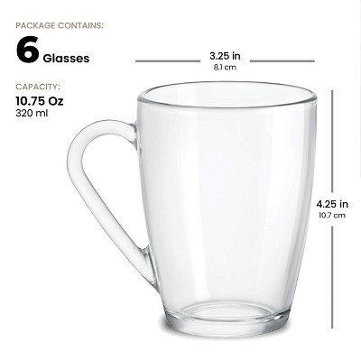 Bormioli Rocco Clear Glass Coffee Mug Set, 10.75 oz, 6-Pack