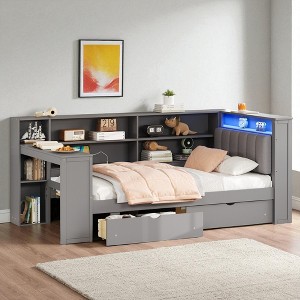 Wood Twin Size Platform Bed with Storage Shelves, Drawers, Charging Station, Desk and Upholstered Headboard - 1 of 4