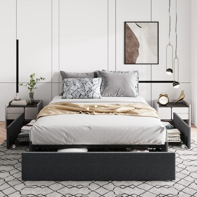 Dark Gray Full Upholstered Platform Bed with Storage Drawers