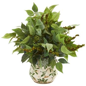 Nearly Natural Mixed Ficus, Fittonia and Berries Artificial Plant in Floral Vase
