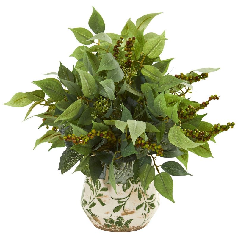 Nearly Natural Mixed Ficus, Fittonia and Berries Artificial Plant in Floral Vase, 1 of 2