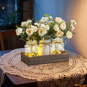 Acekool Mason Jar Centerpiece - Rustic Wood Tray with Blue Blooms - 1 of 4