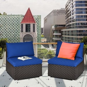 Costway 2PCS Patio Rattan Armless Sofa Sectional Furniture W/Navy Cushion - 1 of 4