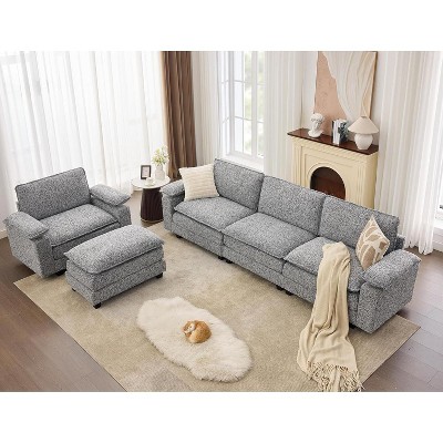 TYBOATLE 122" Leather Sectional Sofa Set, Comfy Modular Couch with Chairs, Deep Seat & Adjustable Armrest for Living Room, Apartment, Office, Studio