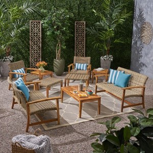 Christopher Knight Home Hampton Outdoor Acacia Wood and Wicker 6 Seater Chat Set with Ottomans - 1 of 4