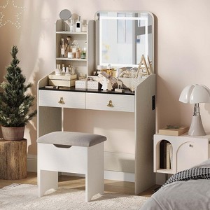 Vanity Desk with LED Lighted Mirror & Charging Station, 2 Drawers & 4 Open Shelves, Makeup Vanity Table for Girls Women - 1 of 4