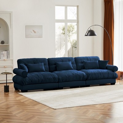 Aukfa Blue Velvet Large  Sofa with Bolster Armrests, Waist & Throw Pillows – Modern Couch for Living Room, Bedroom or Office