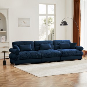 Aukfa Blue Velvet Large  Sofa with Bolster Armrests, Waist & Throw Pillows – Modern Couch for Living Room, Bedroom or Office - 1 of 4