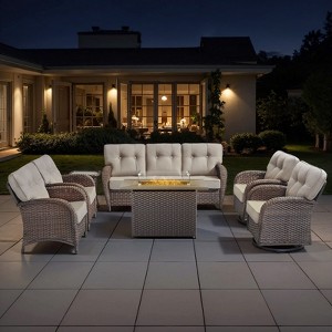 Belord Brown Wicker 7 Piece Patio Furniture Set with 5" Thick Cushions, 41" Propane Fire Pit Table Set with Swivel Glider Chairs and Club Chairs - 1 of 4
