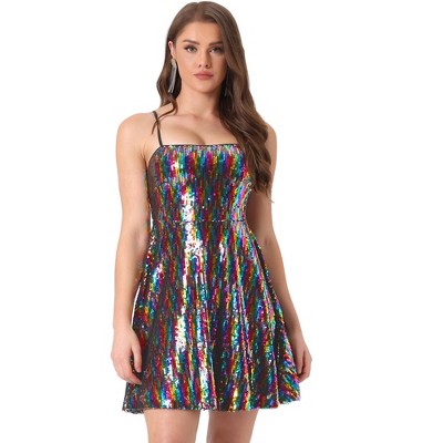 INSPIRE CHIC Women's Adjustable Spaghetti Straps Party Glitter Sparkle Sequin Dress