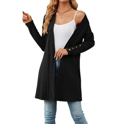 Women's Loose Knit Open Front Cardigan with Buttoned Long Sleeves Mid Length Casual Knitwear