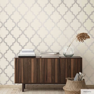 Cream and Metallic Silver Vinyl Peel and Stick Wallpaper Roll