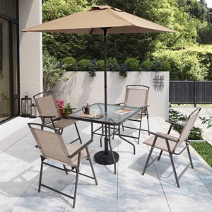 6pc metal square patio dining set with umbrella brown threshold Pellebant 6-Piece Patio Dining Set Umbrella 4 Folding Chairs Square  Tempered Glass Table Beige