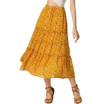 Allegra K Women's Floral Elastic Waist Tiered Ruffle Boho Midi Skirts