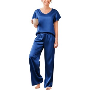 Ekouaer Women's Satin Silky Pajama Set 2 Piece Short Sleeve Shirt with Long Pants Pjs Sets Soft PJ Loungewear - 1 of 4