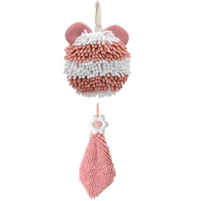 REGALWOVEN Soft Absorbent Cute Fuzzy Hanging Decorative Bathroom Chenille Hand Towel 6" x 15"/7" x 7" 2 Packs