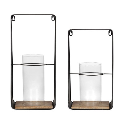 Black and Natural Wood Wall Sconce Set with Glass Chimney