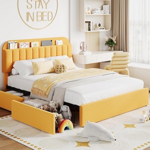Twin Size Bed Frame with 2 Flexible Drawers, Boucle Upholstered Platform Bed Frame with Bookcase Headboard, Bedframe for Kids/Girls, Yellow - 1 of 4